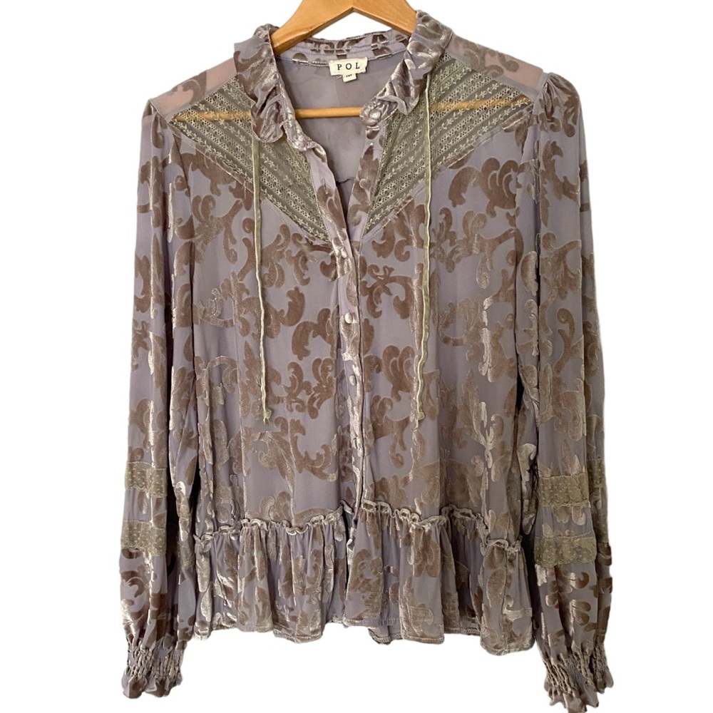POL Grey Sheer Velvet Lace Yoke Blouse Size Medium